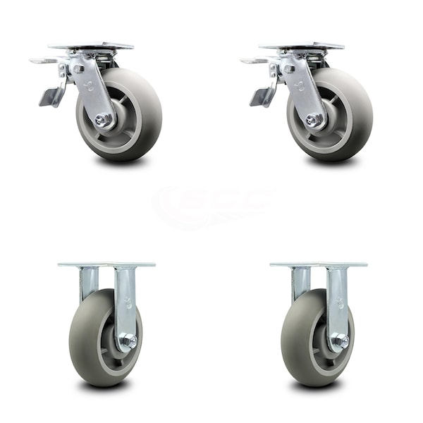 6 Inch Thermoplastic Rubber Caster Set with Roller Bearings 2 Brakes 2 Rigid SCC